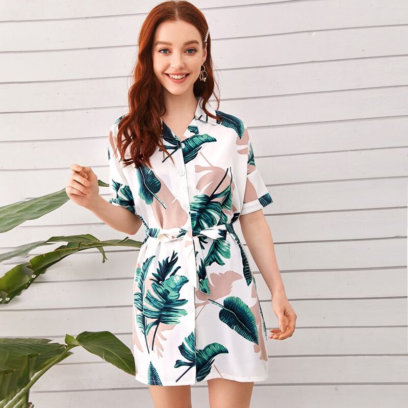 

Tropical Print Button Front Belted Night Dress, White