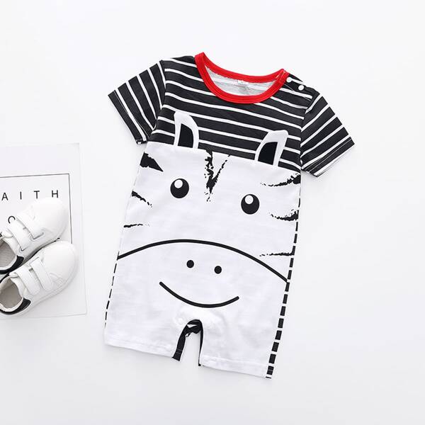 

Baby Boy Cartoon Print Striped Romper, Black and white