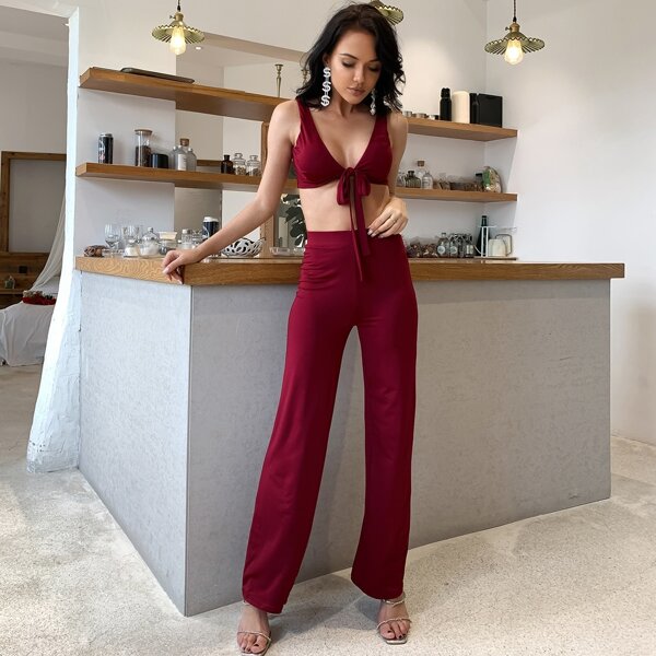 

Low Back Tie Front Top & Pants Set, Burgundy