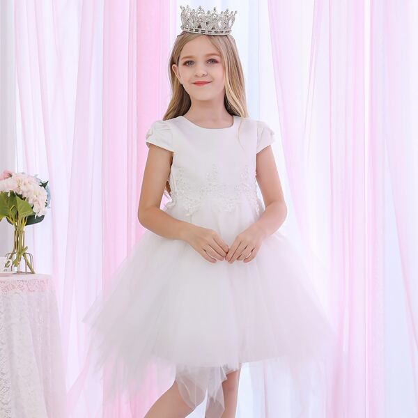 

Girls Appliques Pearls Beaded Mesh Hanky Hem Dress, White