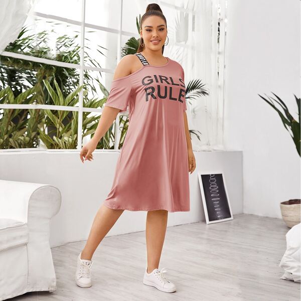 

Plus Slogan Graphic Asymmetrical Tee Dress, Pink
