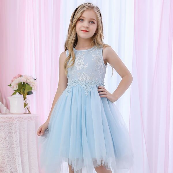 

Girls Appliques Lace Bodice Mesh Hanky Hem Dress, Baby blue