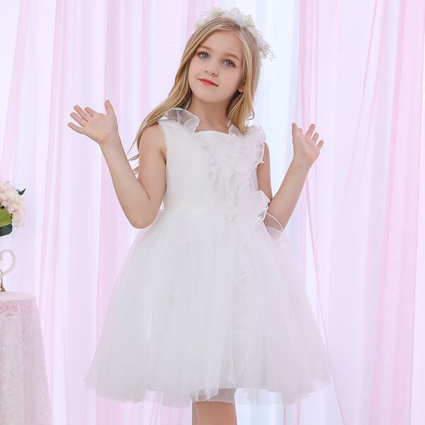 

Girls Ruffle Trim Pearls Beaded Mesh Dress, White