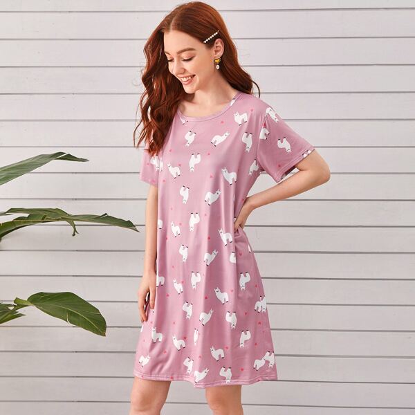 

Alpaca & Heart Print Night Dress, Pink