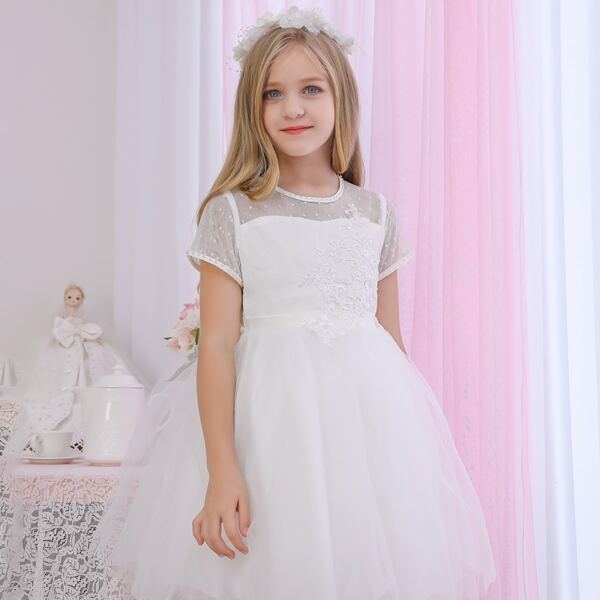 

Girls Swiss Dot Yoke Appliques Pearls Beaded Mesh Dress, White