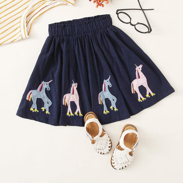 

Toddler Girls Cartoon Patched Flared Skirt, Navy blue