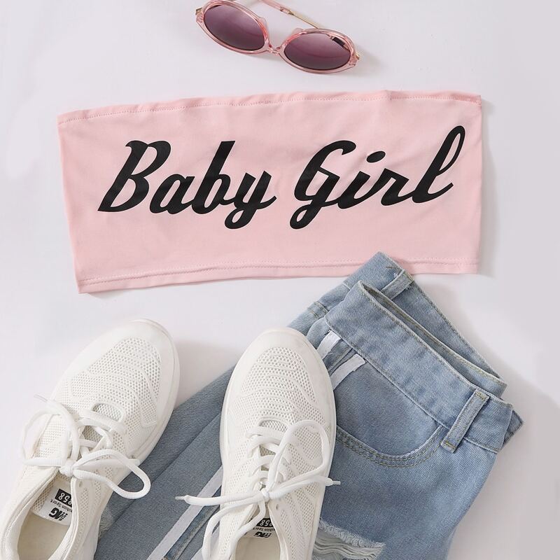 

Slogan Graphic Crop Tube Top, Pink