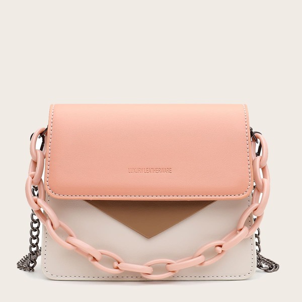 

Color Block Flap Satchel Bag, Pink