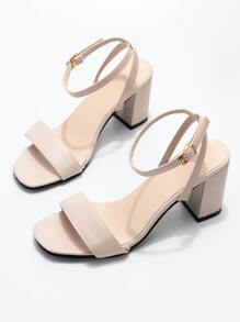 Two Part Ankle Strap Chunky Heels - Beige - View 2