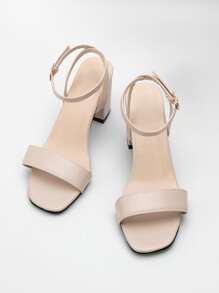 Two Part Ankle Strap Chunky Heels - Beige - View 3