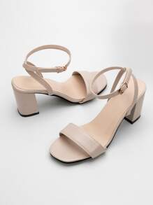 Two Part Ankle Strap Chunky Heels - Beige - View 4