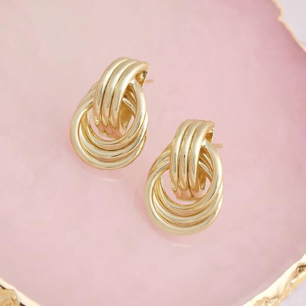 

1pair Double Interlink Triple Hoop Stud Back Earrings, Gold