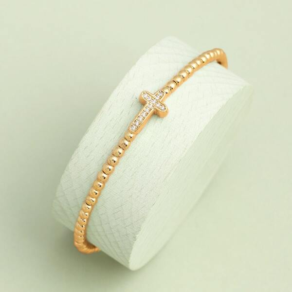 

Crystal Pave Cross Adjustable Bead Cuff Bracelet, Gold
