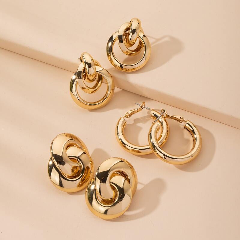

3pairs Link Decor Earrings Set, Gold