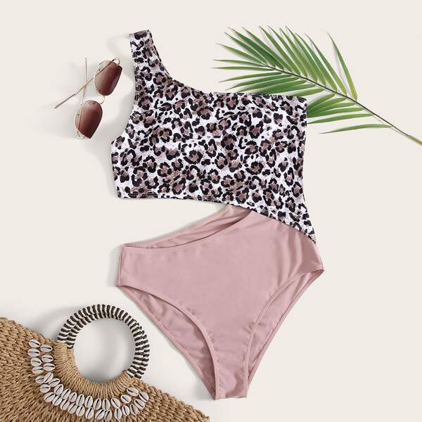

Leopard Cut-out One Shoulder One Piece Swimsuit, Multicolor