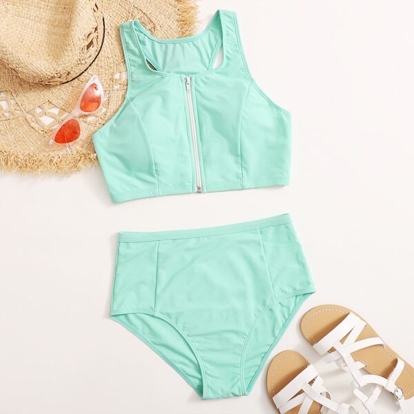 

Zip Front High Waisted Bikini Swimsuit, Blue