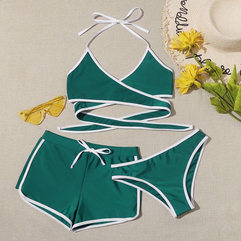 

3pack Contrast Binding Wrap Co-ord Bikini Swimsuit, Green