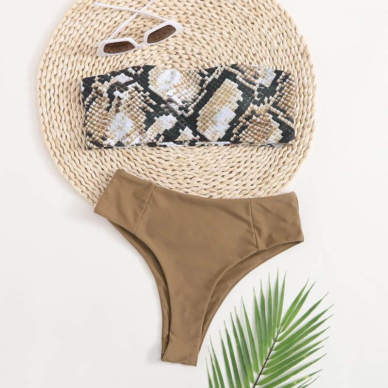 

Snakeskin Bandeau Bikini Swimsuit, Brown