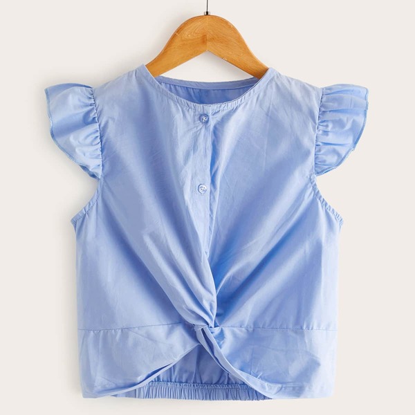 

Girls Twist Hem Frill Cuff Blouse, Blue pastel