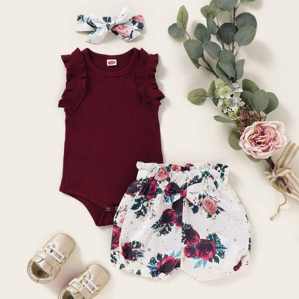

Baby Girl Ruffle Bodysuit & Bow Floral Shorts & Headband, Multicolor