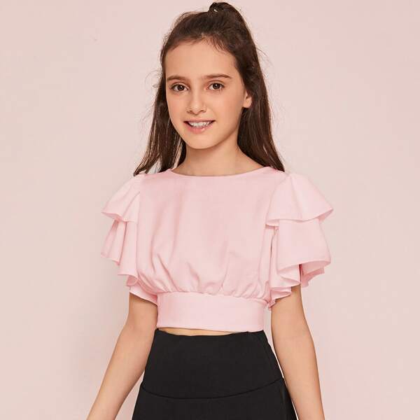 

Girls Layered Flutter Sleeve Wide Hem Crop Top, Baby pink