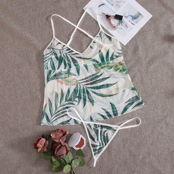 

Plus Leaf Print Mesh Lingerie Set, White