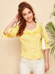 SHEIN 大圓領荷葉邊袖蕾絲邊襯衫 - 黃色 - 查看 1