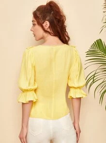 SHEIN 大圓領荷葉邊袖蕾絲邊襯衫 - 黃色 - 查看 2