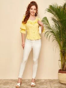 SHEIN 大圓領荷葉邊袖蕾絲邊襯衫 - 黃色 - 查看 4
