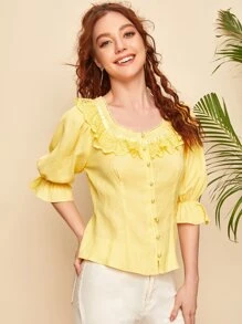 SHEIN 大圓領荷葉邊袖蕾絲邊襯衫 - 黃色 - 查看 5