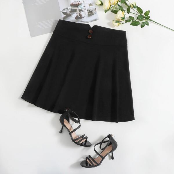 

Plus Button Front Solid Skirt, Black