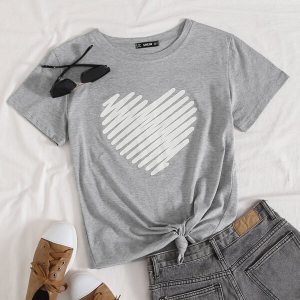 

Heart Print Round Neck Tee, Grey