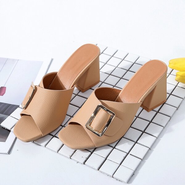 

Open Toe Buckle Decor Chunky Heeled Mules, Khaki
