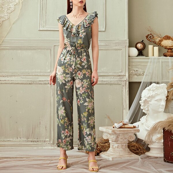 

Layered Ruffle Trim Floral Jumpsuit, Green