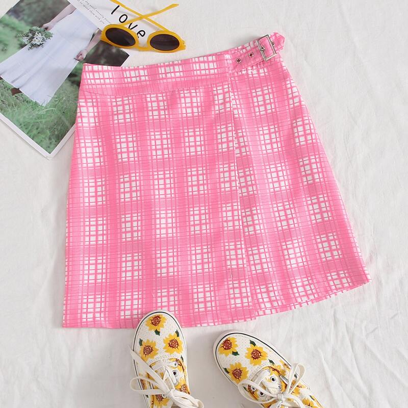 

Plaid Buckle Wrap Skirt, Pink