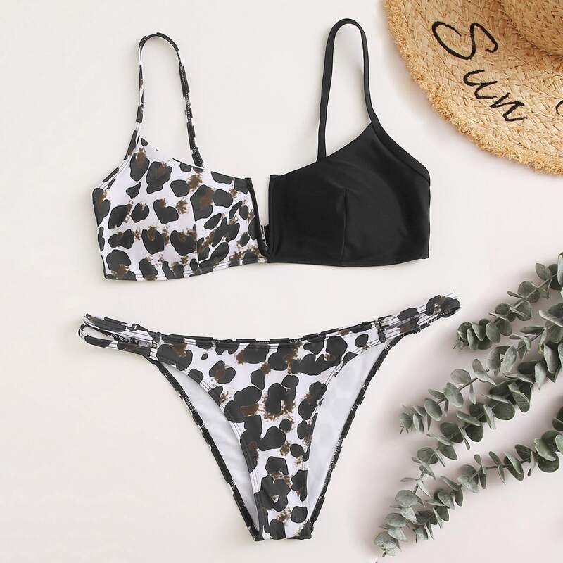 

Allover Print V Wired Bikini Swimsuit, Multicolor