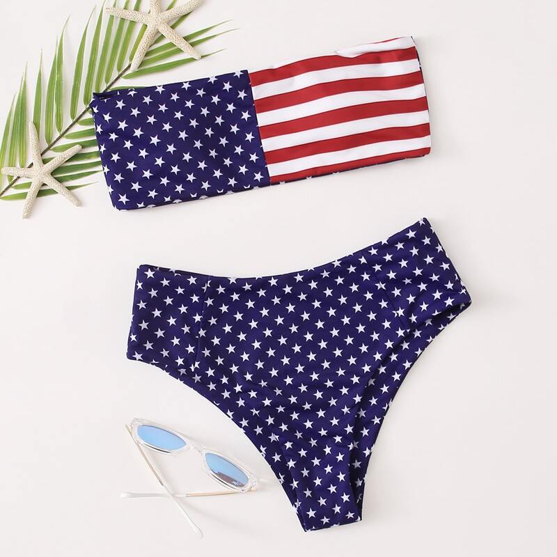 

American Flag Print Bandeau Bikini Swimsuit, Navy blue