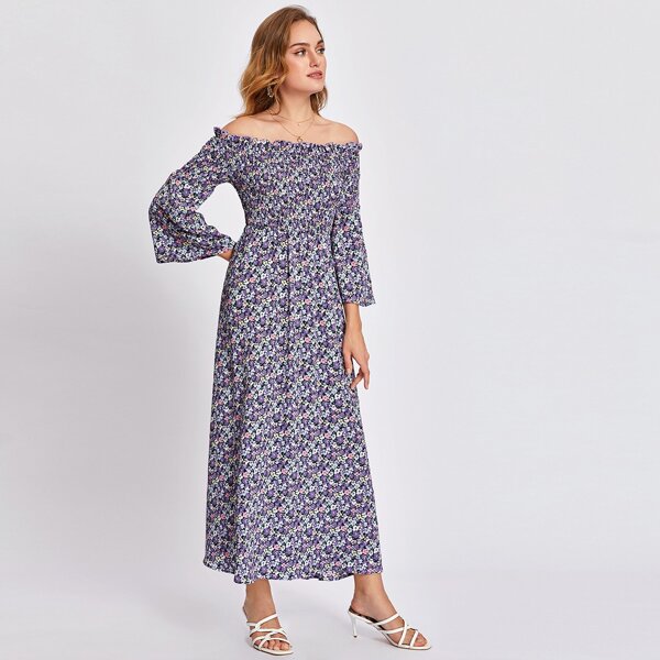 

Off-shoulder Ditsy Floral Shirred Dress, Multicolor