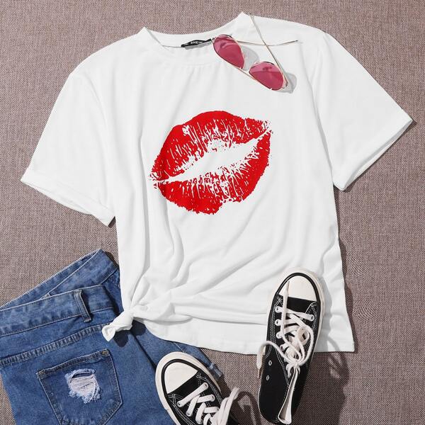 

Roll Up Sleeve Mouth Print Tee, White