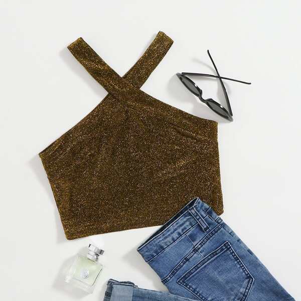 

Criss-cross Glitter Crop Halter Top, Gold