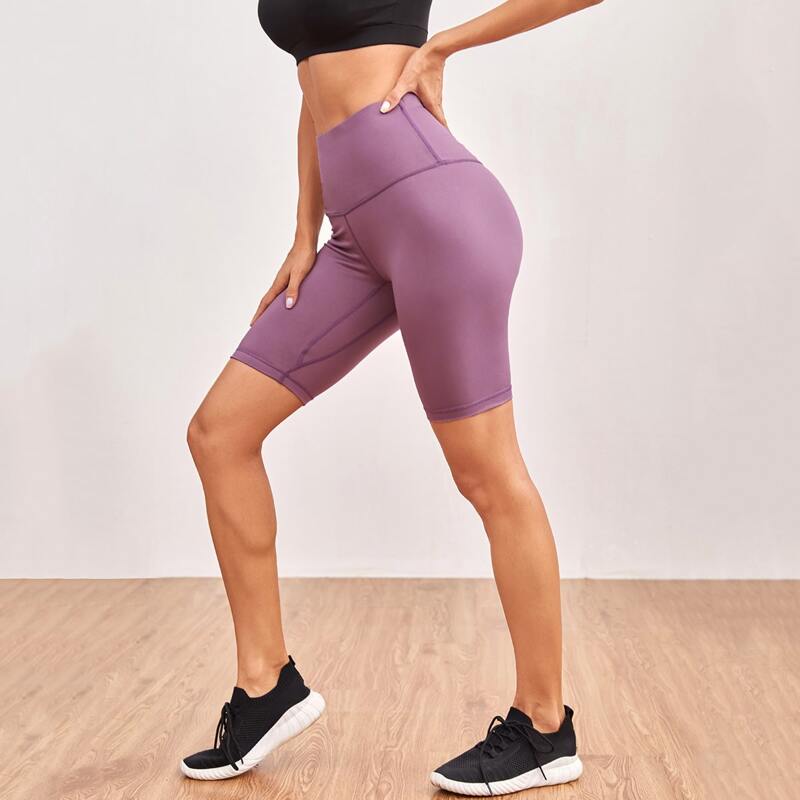 

Wide Waistband Solid Sports Biker Shorts, Purple