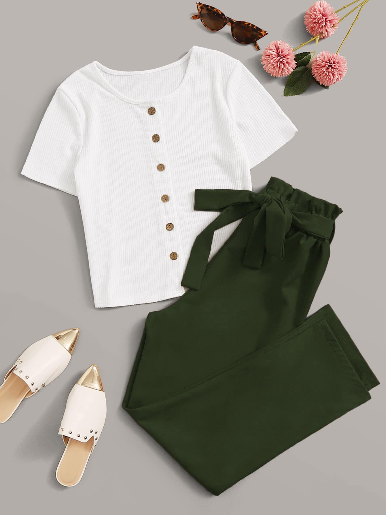 Button Front Tee & Paperbag Waist Belted Pants - Multicolor - View 1