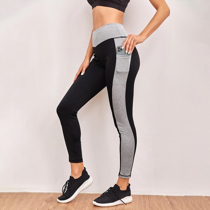 

Contrast Panel Sports Leggings With Phone Pocket, Black