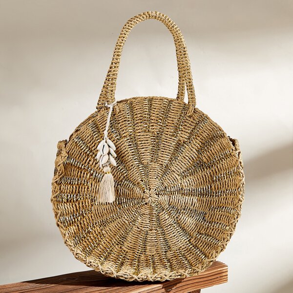 

Tassel & Shell Charm Round Braided Satchel Bag, Khaki