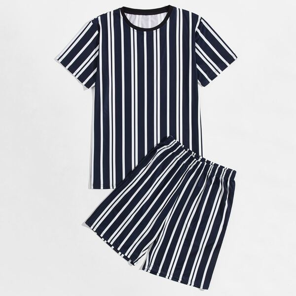 

Men Vertical Striped Short Sleeve Tee With Shorts, Navy blue