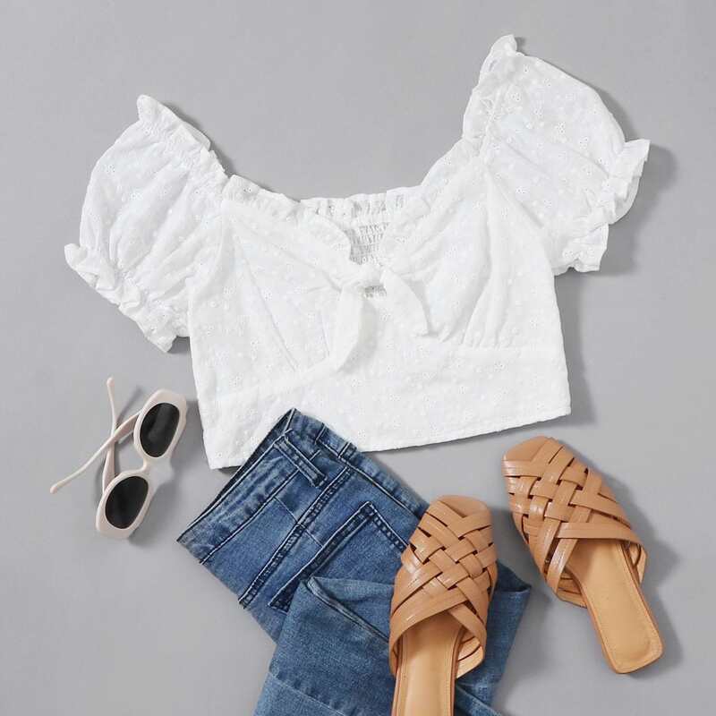 

Shirred Schiffy Milkmaid Crop Tip, White
