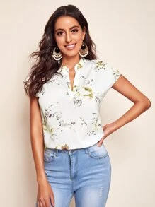 SHEIN Clasi Notched Neck Curved Hem Top - White - View 1