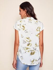 SHEIN Clasi Notched Neck Curved Hem Top - White - View 2
