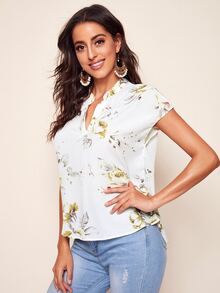 SHEIN Clasi Notched Neck Curved Hem Top - White - View 3