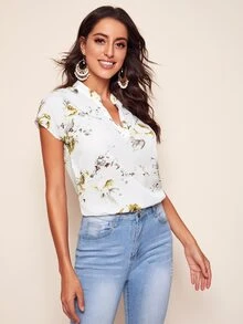 SHEIN Clasi Notched Neck Curved Hem Top - White - View 5